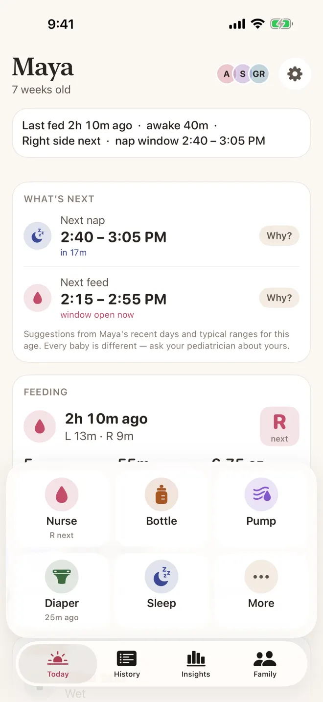 Milkmoon’s Today screen: last fed 2 hours 10 minutes ago, right side next, with the next nap and feed windows and big log buttons for nurse, bottle, pump, diaper and sleep.