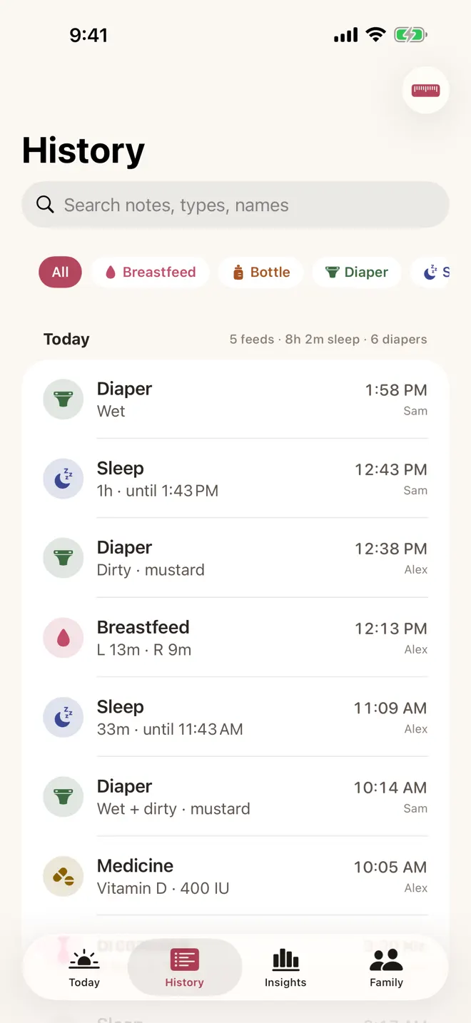 History: today’s diapers, sleep, breastfeeding and vitamin D entries, each showing the time and who logged it.
